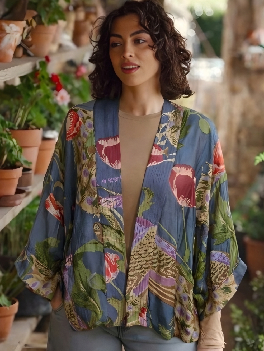 One Hundred Stars Peacocks and Poppies Lightweight Blue Red Kimono, OS